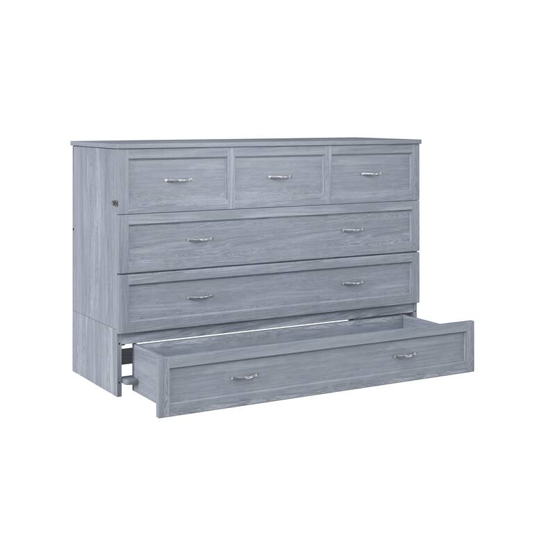 Deerfield Queen Murphy Bed Chest with 6" Mattress, Storage Drawer & Built-In Charger in Driftwood