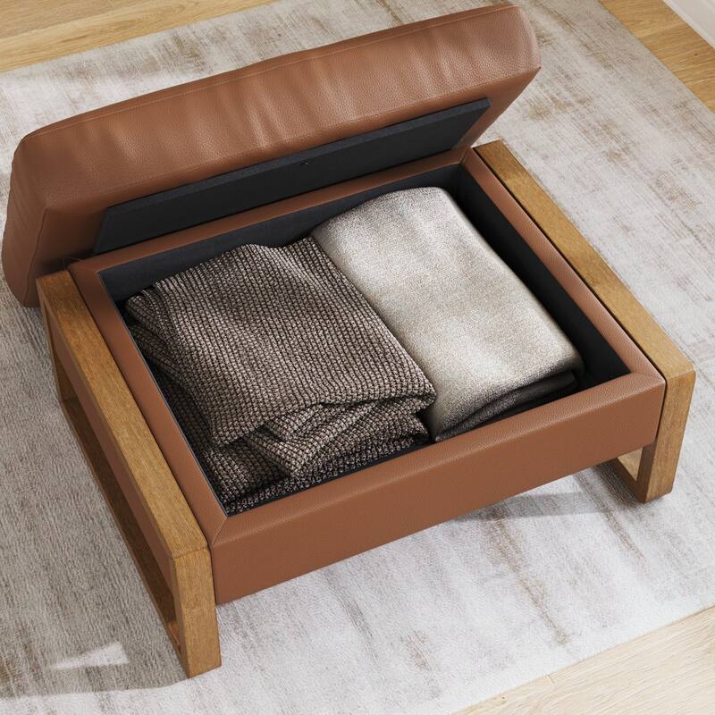 Madison Modern Ottoman Coffee Table with Storage, Upholstered Ottoman with Solid Wood Legs