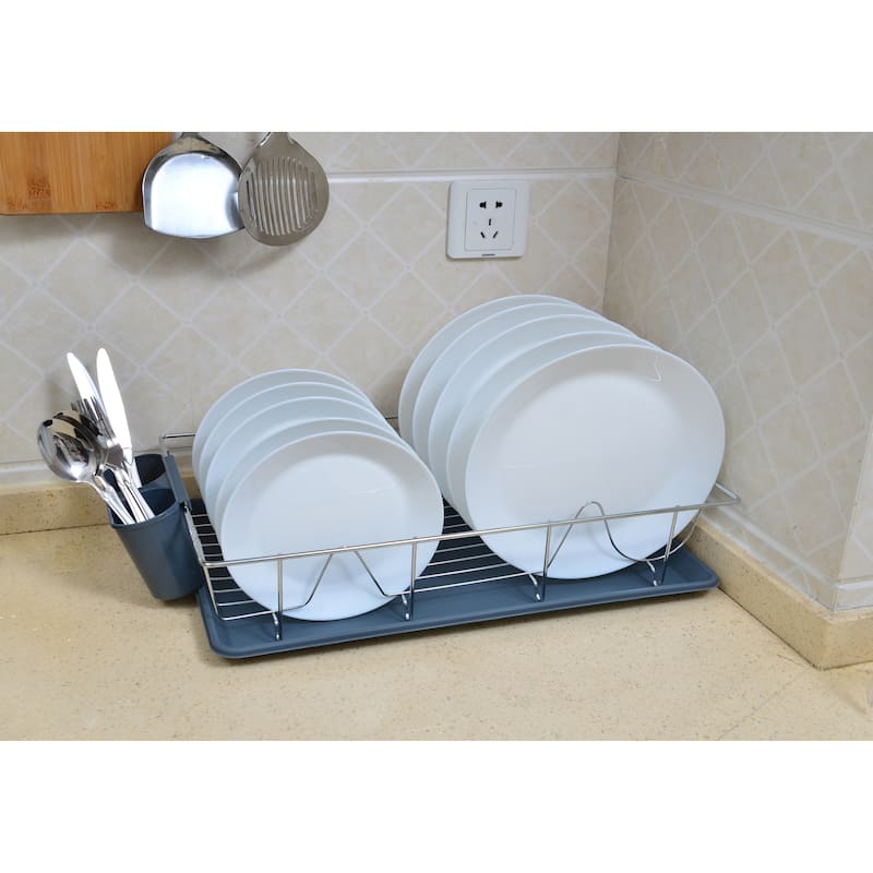 Kitchen Details 3 Piece Chrome Dishrack with Tray in Grey - 19"x12"x4"