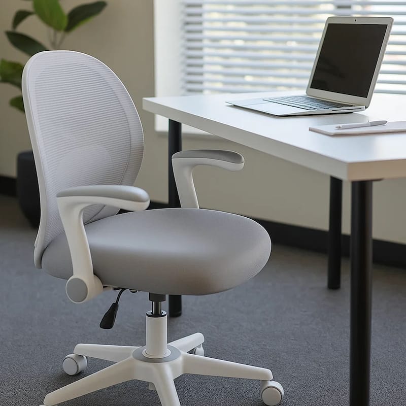 Rolling Task Chair with Flip Arms, Grey Mesh, Fabric Seat, White