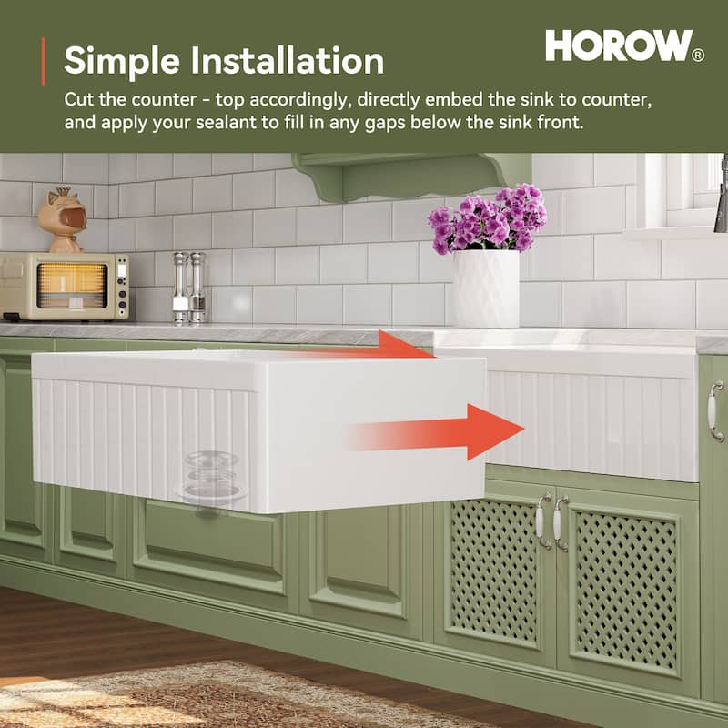 HOROW 33 in. Farmhouse/Apron-Front 50/50 Double Bowl White Fireclay Kitchen Sink with Workstation,Cutting Board,Grid, Strainer