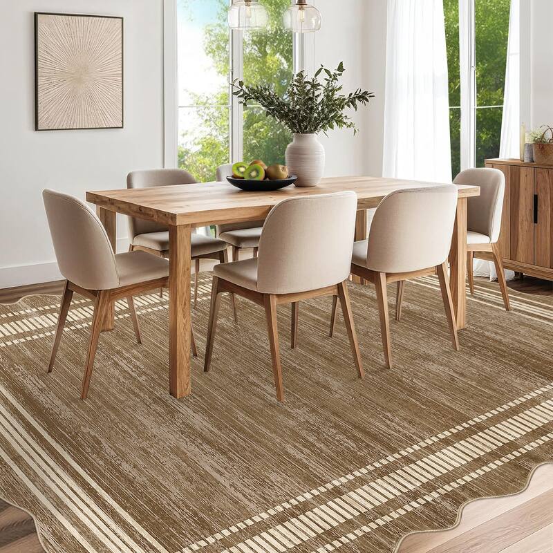 Washable Scalloped Area Rugs, Modern Bordered Living Room Rugs for Bedroom