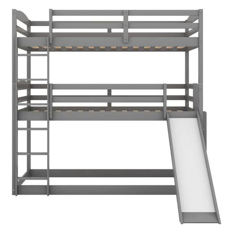 Gray Twin over Twin over Twin Adjustable Triple Wood Bunk Bed with 2 Ladders and 1 Slide, 79.1''L*41.7''W*76.7''H, 158.5LBS