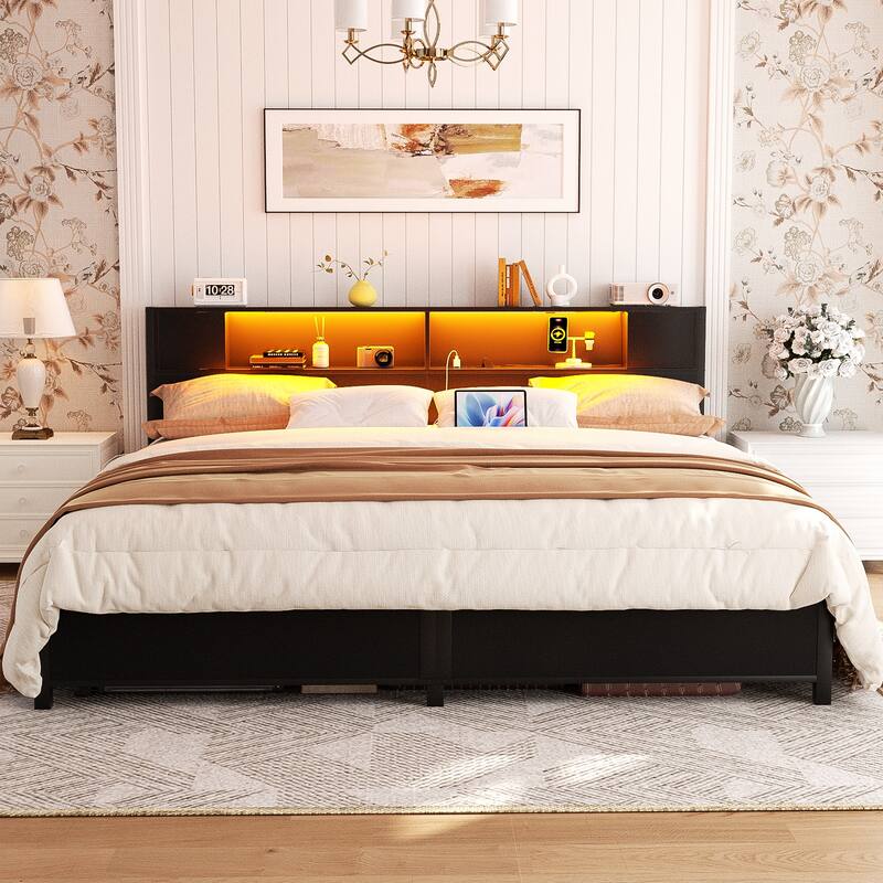 Storage Headboard Platform Bed Frame with Charge Station and LED Light - Black - King