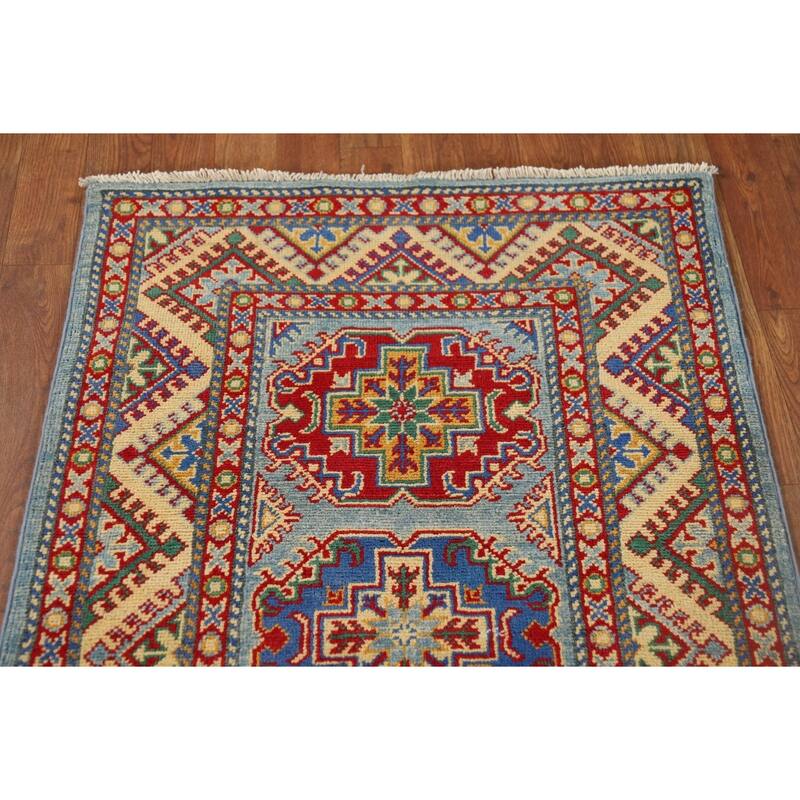 Light Blue Kazak Oriental Runner Rug Hand-Knotted Wool Carpet - 2'7" x 12'9"