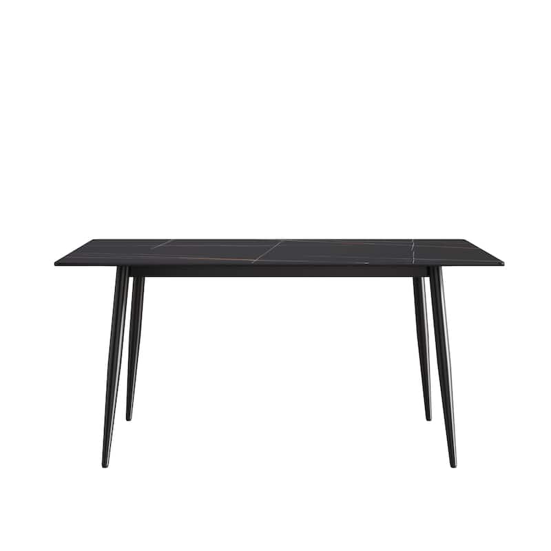 63" Rectangle Marble Top Dining Table, Black Sintered Stone Kitchen Table with Metal Legs