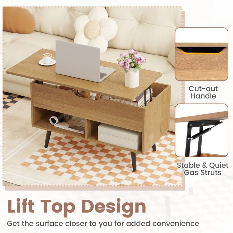 31.5 Inch Lift Top Coffee Table with Hidden Compartment and 2 Storage Shelves - 31.5" x 15.5" x 17.5" (L x W x H)