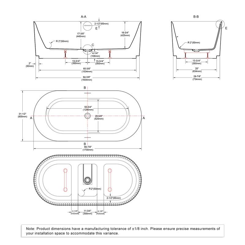 Repose 67" Fluted Acrylic Soaking Tub - Oval - 31D x 67W x 23H