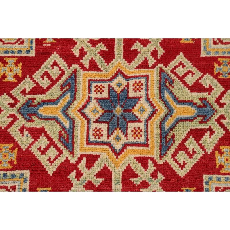 Geometric Kazak Oriental Area Rug Hand-Knotted Grey Wool Carpet - 4'10" x 6'5"