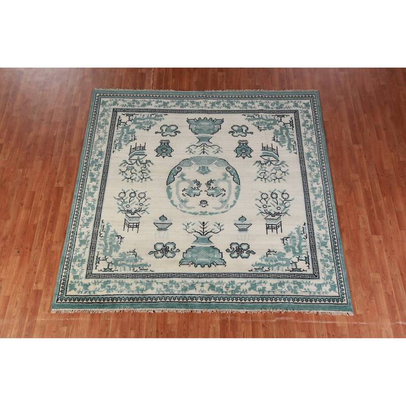 Hand Knotted Oriental 100% Wool Carpet Traditional Geometric Beige & Ivories Art Deco Area Rug - 7' 10'' X 7' 11''