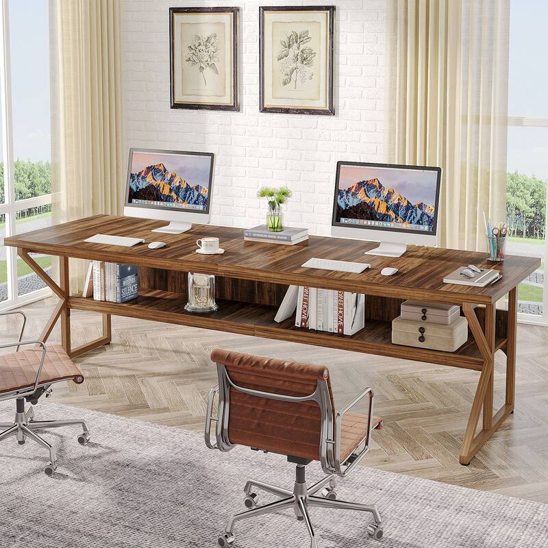 78-Inch 2 Person Desk, Long Desk with Storage Shelf, Large Computer Desk Double Desk