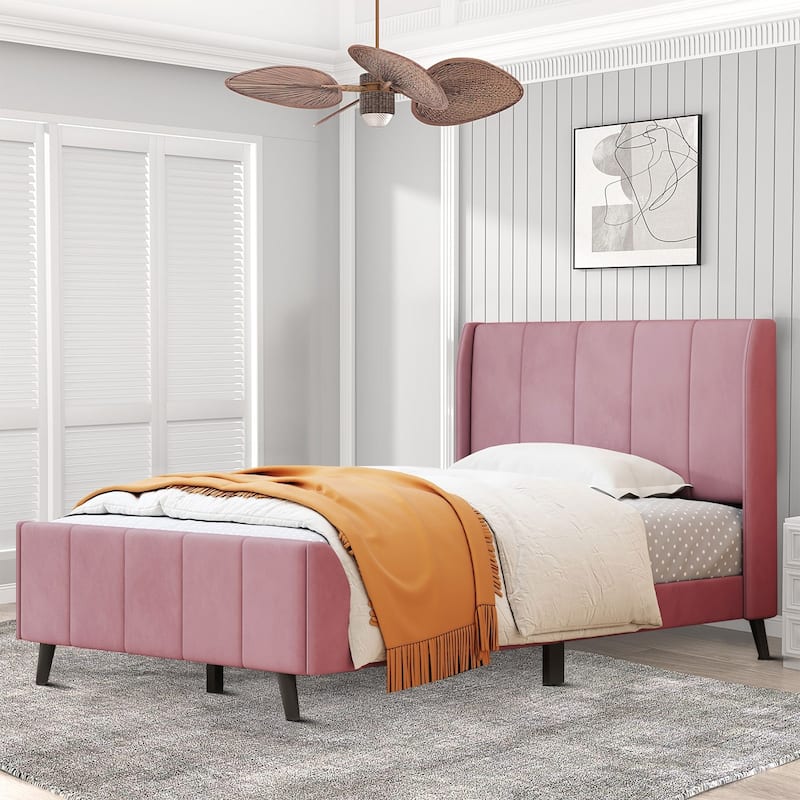 Classic Velvet Upholstered Platform Bed with Centre Support Legs - Twin - Pink