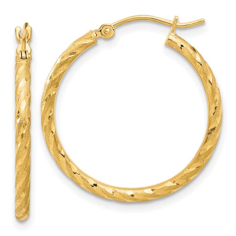 Curata 14k Yellow Gold Polished and Satin and Sparkle Cut Hoop Earrings - 26.5x24.9mm