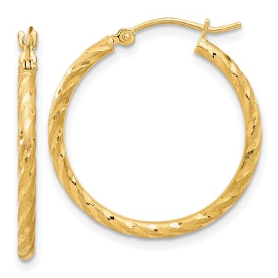 Curata 14k Yellow Gold Polished and Satin and Sparkle Cut Hoop Earrings - 26.5x24.9mm