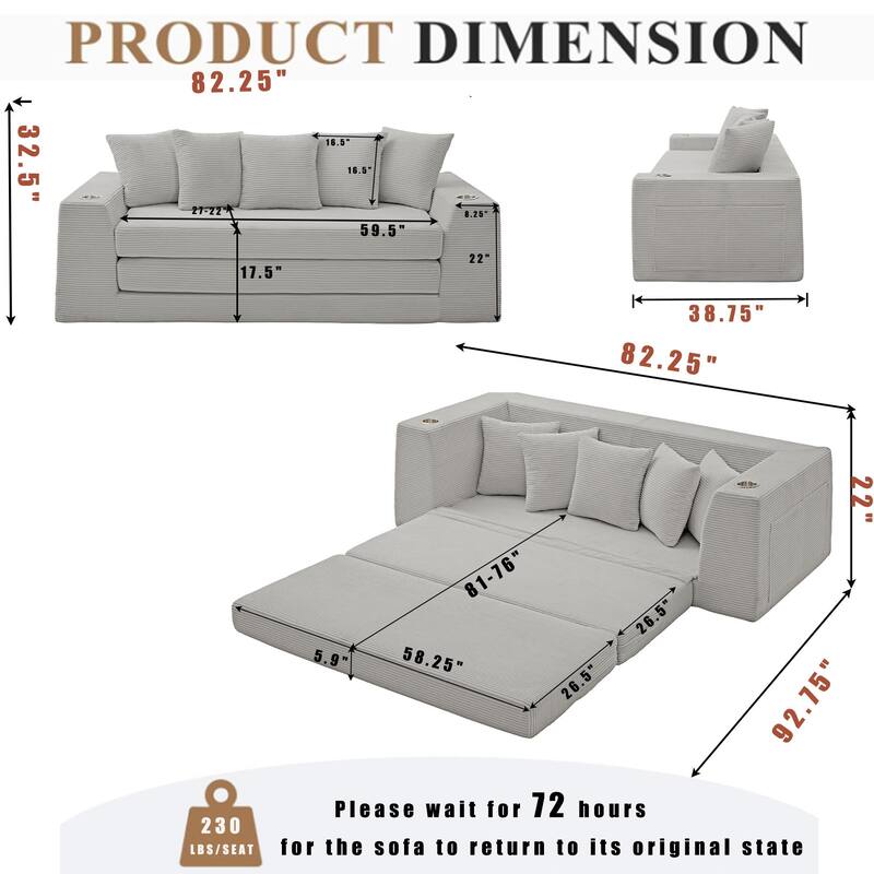 Modern Convertible Loveseat Sofa Bed, Corduroy Fabric Foldable Floor Couch w/5 Pillows, Side Pockets & Cup Holders, No Assembly