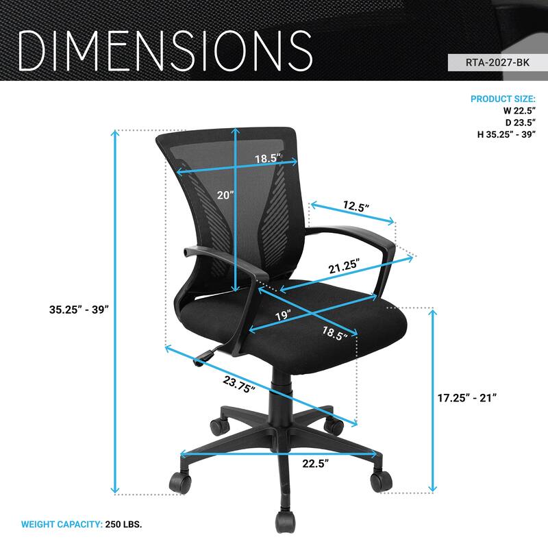 Techni Mobili Ergonomic Mesh Office Chair, Breathable Black Task Chair for Home Office or Study with Adjustable Height Tilt