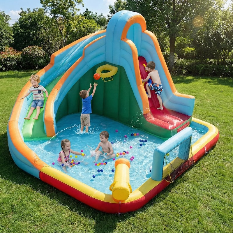 Gymax Inflatable Water Slide Park 6-in-1 Giant Bounce House w/Long - Multicolor
