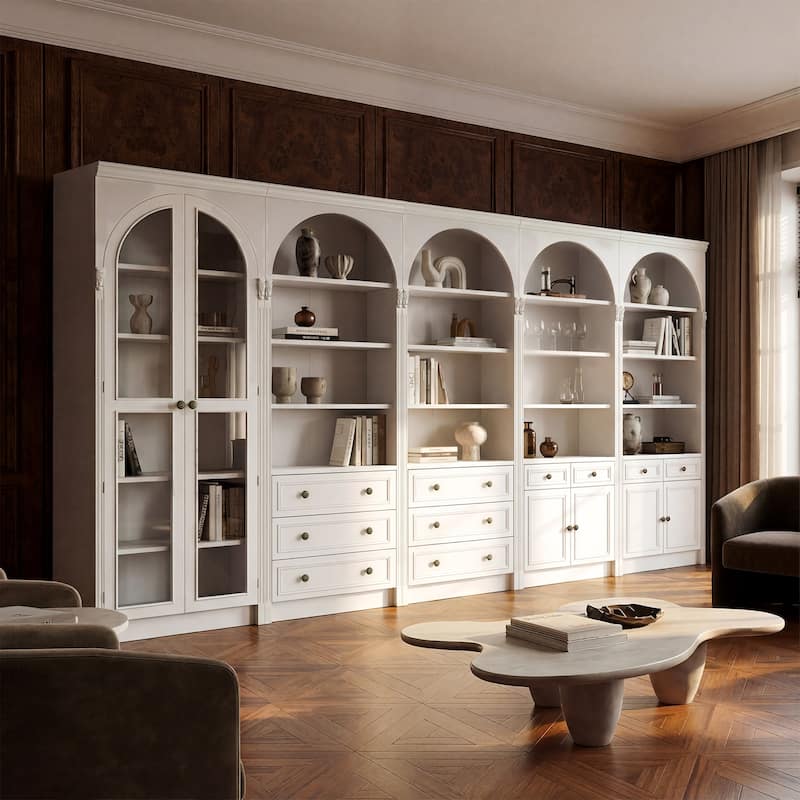 Modular White Bookcase with LED Lights & Glass Doors, 86.6" Tall Arched Display Cabinet Solid WoodStorage Cabinet