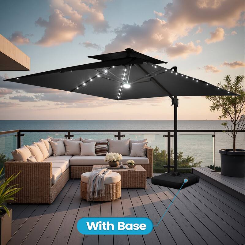 11FT Outdoor Patio Cantilever Umbrella with LED Lights Double Vented Umbrella with Base