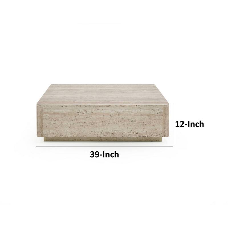 Lia 39 Inch Coffee Table, Square Travertine Stone Finish Laminated Top
