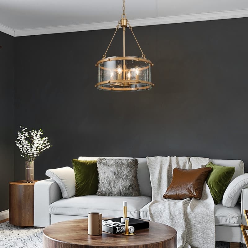 Mid-century Modern 4-light Drum Chandelier Seeded Glass Shade Foyer Pendant for Dining Room - D16.9'' x H82''