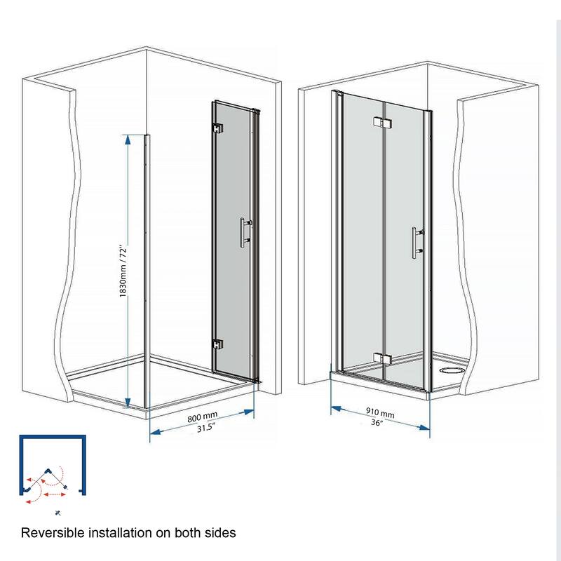 37-36 "x 72" Bifold Shower Door, 1/4"(6mm) Tempered Glass, Chrome Aluminum Frame, Explosion Proof Film