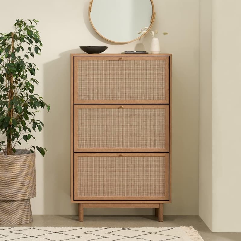 mopio Hannah Shoe Cabinet, Natural Rattan Farmhouse Shoe Organizer, Shoe Storage, Closet Shoe Rack - Oak