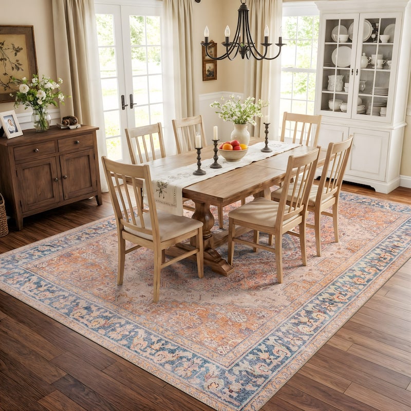 Beige Medallion Flat Pile Washable Rug - Pet Friendly, Non-Slip for Entryway and Bedroom