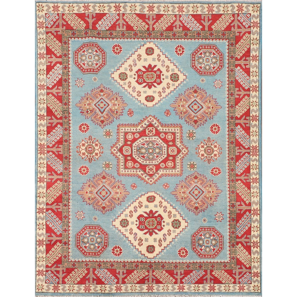 Light Blue Kazak Oriental Area Rug Hand-Knotted Geometric Wool Carpet - 5'0" x 6'5"