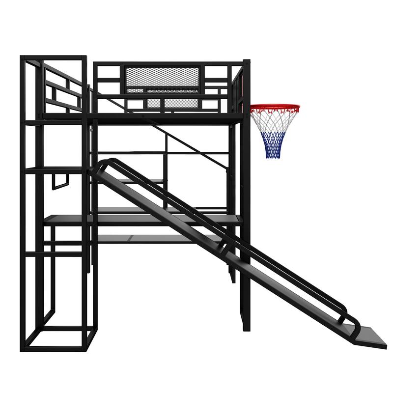 Full Size Metal Loft Bed with Desk, Wardrobe, Slide & Basketball Hoop