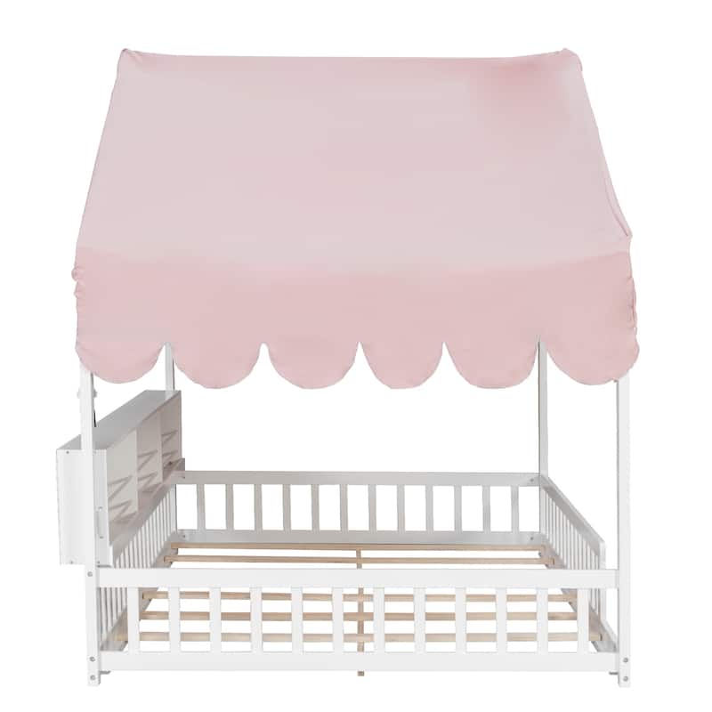 Full Size House-Shaped Daybed with Storage Bookshelves, Canopy Curtain and LED Light, Wooden Floor Bed with Fence