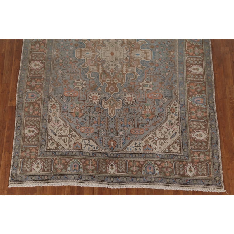 Gray Geometric Tabriz Persian Vintage Rug Hand-Knotted Wool Carpet - 6'5" x 9'5"