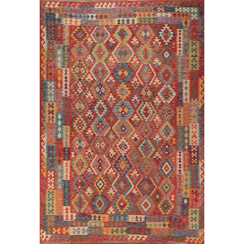 Kilim Oriental Area Rug Flatweave Geometric Orange Wool Carpet - 8'2" x 11'5"