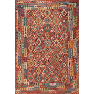 Kilim Oriental Area Rug Flatweave Geometric Orange Wool Carpet - 8'2" x 11'5"