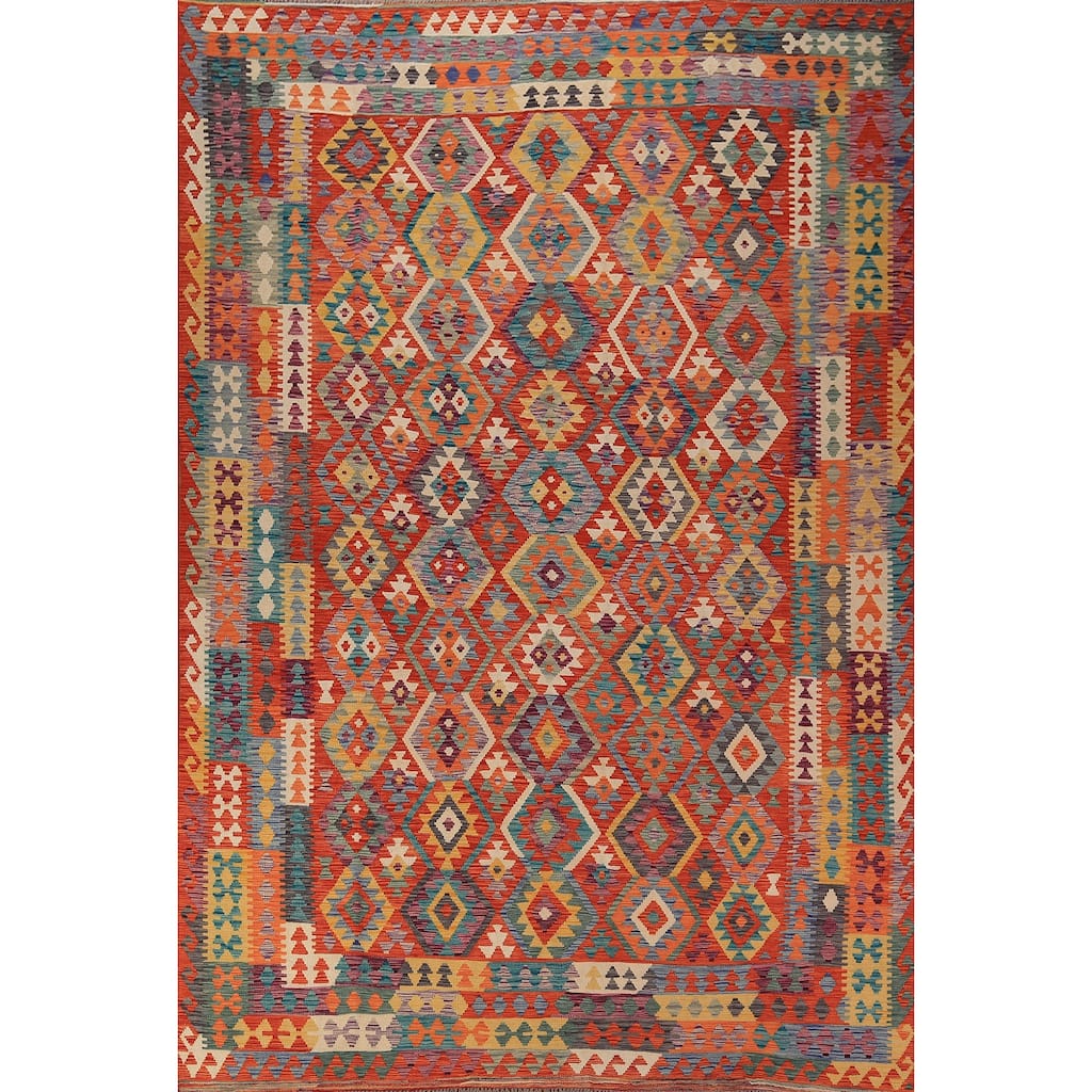 Kilim Oriental Area Rug Flatweave Geometric Orange Wool Carpet - 8'2" x 11'5"