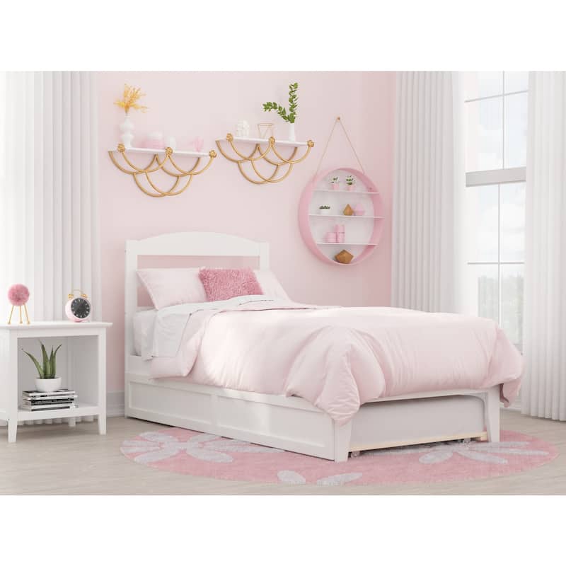 Twin Platform Bed with Trundle & Charging Station - White Wood & Veneer Frame