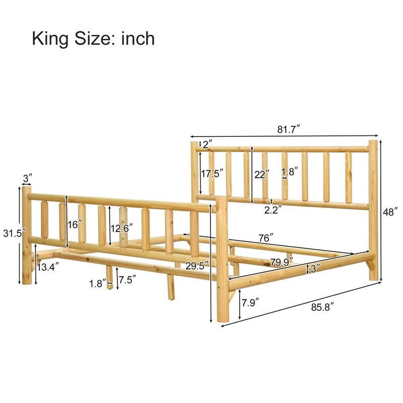 Farmhouse Solid Pine Wood King Bed Frame, Cylinder Construction Bed