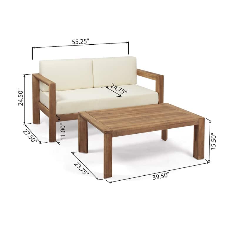 2-Piece Wood Patio Conversation Set with Beige Cushions