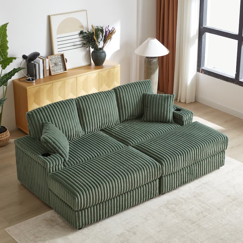 Anmytek 84 Inch Corduroy 3-Seater Comfy Deep Seat Sofa for Living Room with Storage Cup Holders Ottomans and Pillows - Green