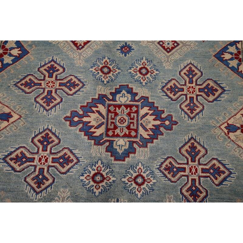 Light Blue Traditional / Geometric Kazak Rug Hand-Knotted Wool Carpet - 5'0" x 6'7"