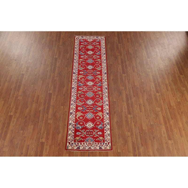 Red Geometric Kazak Oriental Runner Rug Handmade Wool Carpet - 2'7" x 9'8"