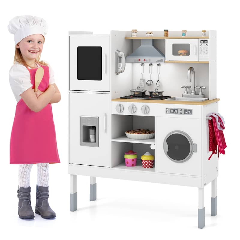 Gymax Kids Pretend Kitchen Play Set Toddler Toy Wooden Chef Height - White+Natural