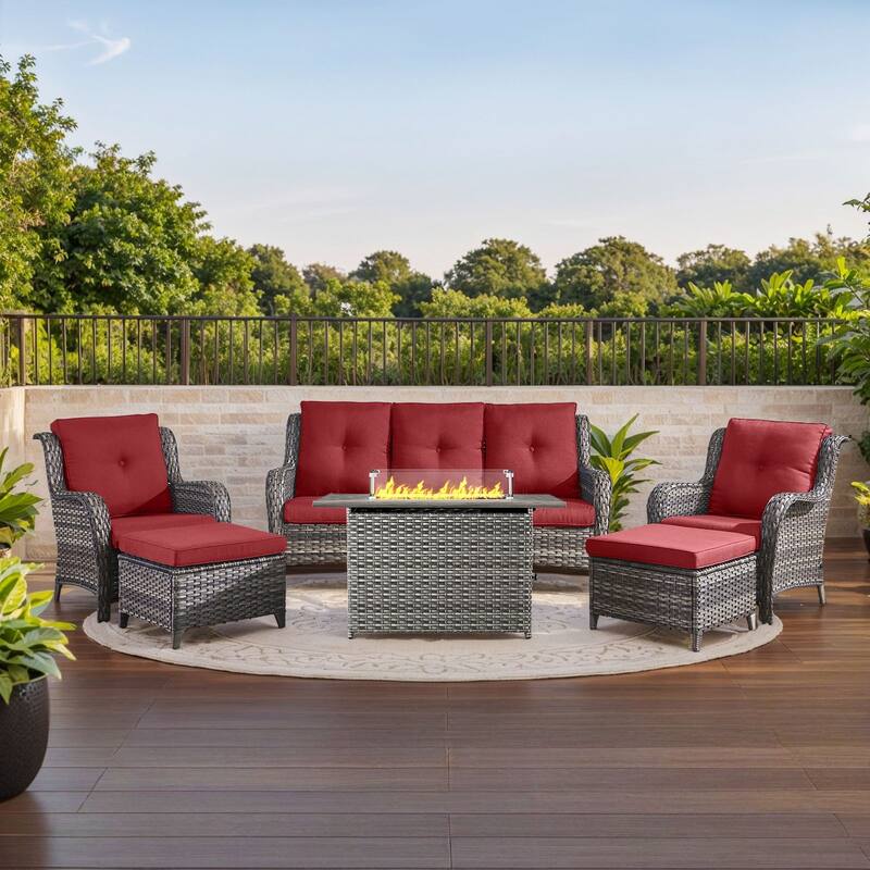 Gymojoy 6-Piece Outdoor Furniture Sofa Set with 2 Patio Chairs, 2 Ottomans & 55K BTU Fire Pit Table - Grey Wicker / Red Cusion - 6-Piece