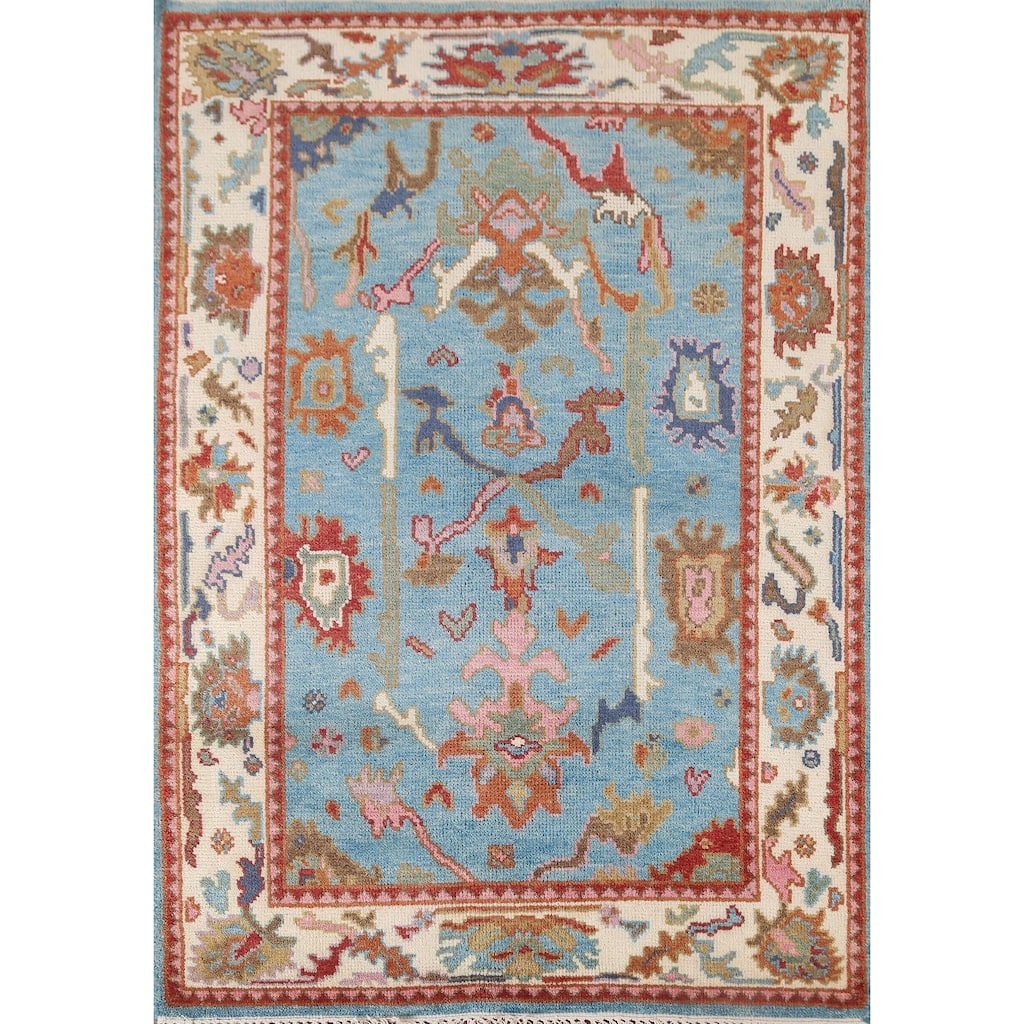 Light Blue Transitional Oushak Oriental Area Rug Handmade Wool Carpet - 4'0"x 5'10"