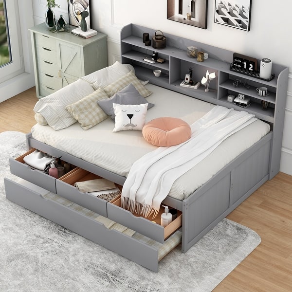 slide 2 of 45, Full Size Wooden Captain Bed with Built-in Bookshelves, 3-Storage Drawers, and Trundle, Light Grey, Classic Style Bed Frame Light Grey