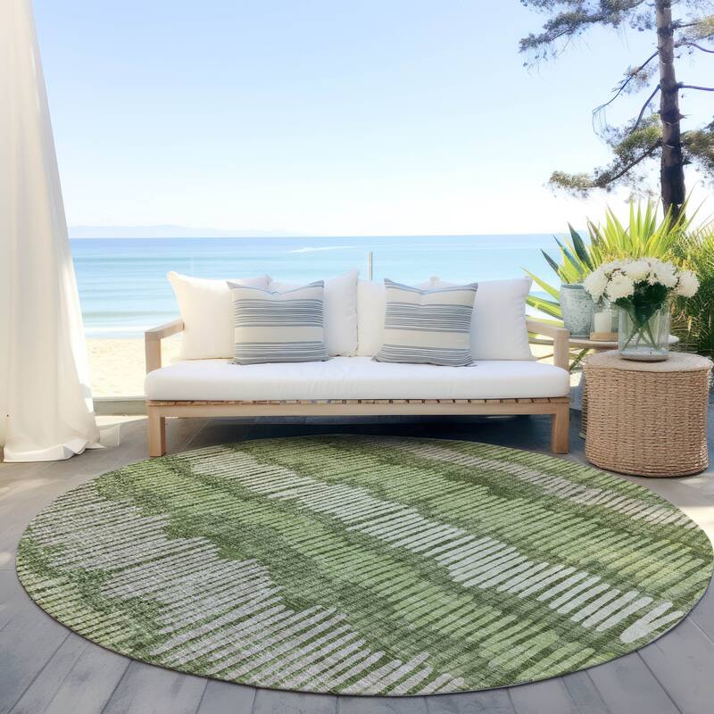 Machine Washable Indoor/ Outdoor Chantille Stripe Abstract Rug - Olive - 8' x 8'
