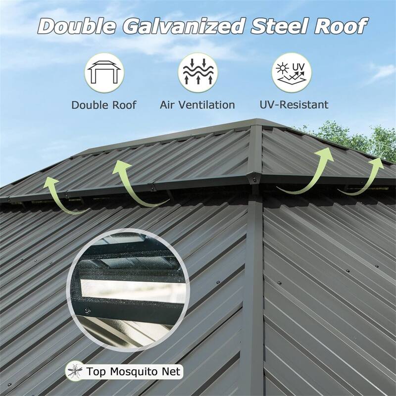 12' x 18' Outdoor Aluminum Hardtop Gazebo with Galvanized Steel Double Roof with Curtain and Netting