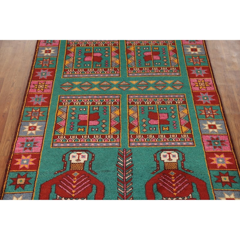 Hand Knotted Oriental 100% Wool Carpet Traditional Tribal Green Heriz (serapi) Runner Rug - 9' 10'' X 4' 2''