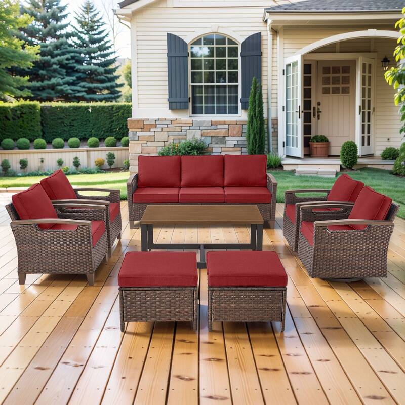 Pocassy Outdoor Brown Wicker Funitre with Cushion Set - Red Cushion - Sofa with Chair Table Ottoman Set