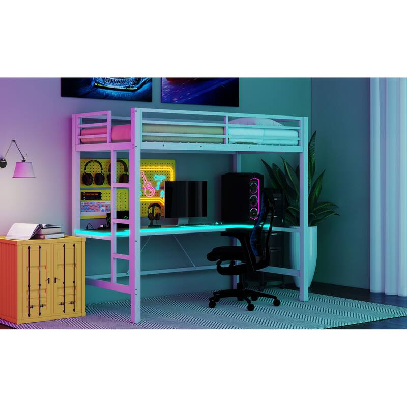 Twin Size Gaming Metal Loft Bed Frame with LED Light, USB Charge Station and Desk